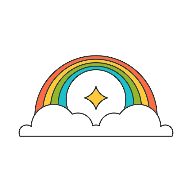 Arco iris rayado brillante curvo con estrella brillante nube esponjosa cielo clima arte pop estilo maravilloso vector
