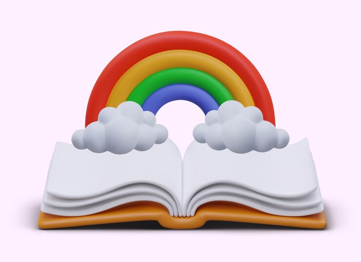Vector arco iris realista en las nubes sobre un libro abierto lectura agradable literatura para niños