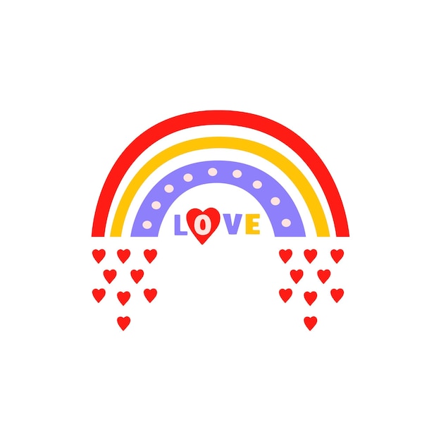 Arco iris retro palabra amor con corazones en estilo 70s80s aislado en un fondo blanco