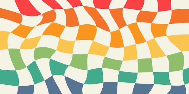 Arco iris retro tablero de ajedrez psicodélico con una cuadrícula retorcida deformada ondas geométricas groovy colores audaces