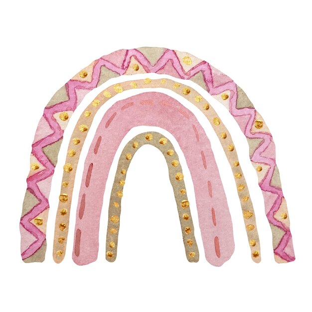 Arco iris rosa de vivero de acuarela en estilo boho escandinavo para niña con elementos dorados