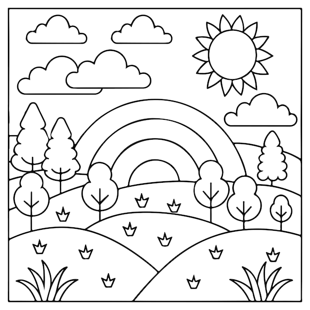 El arco iris, el sol, las nubes, los árboles y las flores para niños Ilustración vectorial