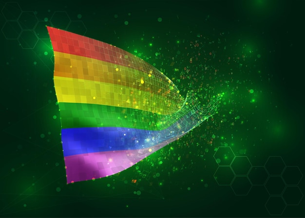 Arco iris en vector bandera 3d sobre fondo verde con polígonos y números de datos