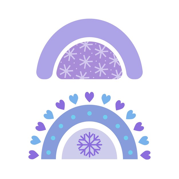 Arco iris de vector de invierno en estilo plano. Linda ilustración en azul sobre el tema de Navidad, año nuevo, invierno acogedor. Para el diseño de tarjetas, estampados, estampados navideños, patrones, papel de regalo.