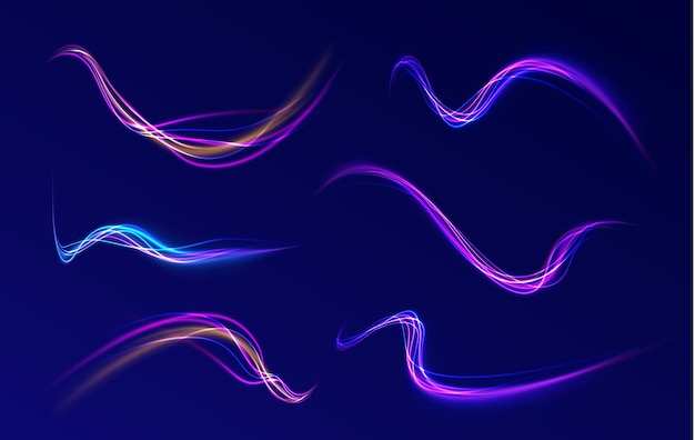 Arco de luz en colores de neón en forma de un giro Ilustración vectorial creativa de vuelo cósmico