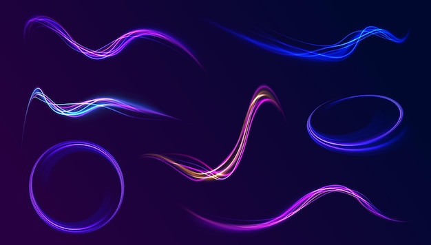 Arco de luz en colores de neón en forma de un giro Ilustración vectorial creativa de vuelo cósmico