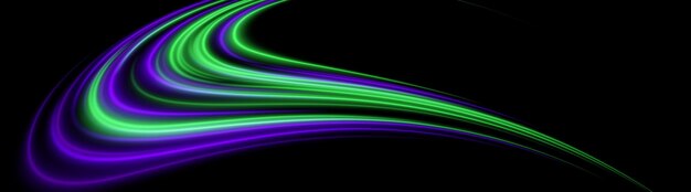 Arco de onda de color Rutas brillantes verdes y violetas crean un barrido de movimiento de alta velocidad Flujo futurista de energía curva explosión de neón