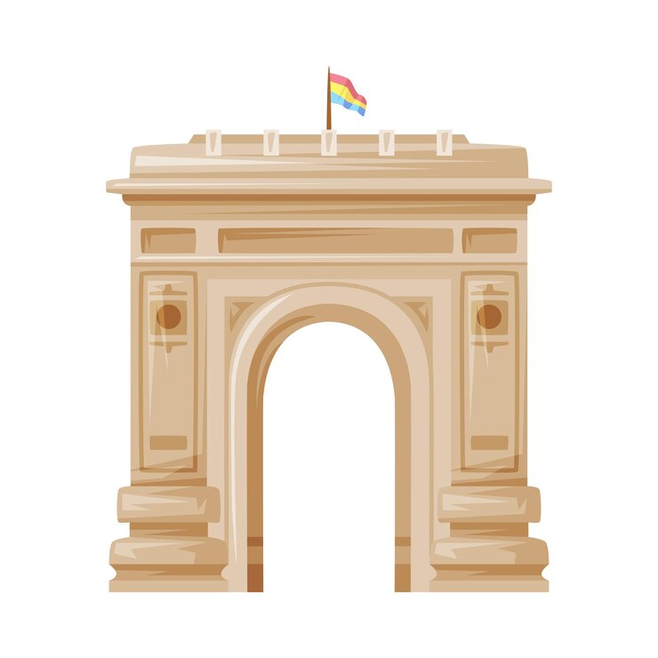 Vector arco del triunfo con bandera como símbolo tradicional de rumania e ilustración vectorial de objetos