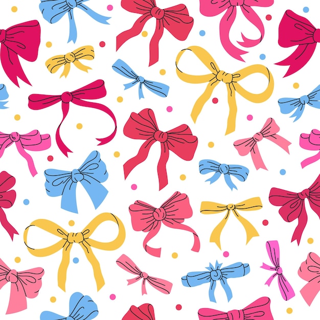 Arcos de diseño sin fin Arcos coloridos con patrón sin costura dibujados a mano Regalos de cumpleaños Decoración de cinta de fondo vectorial plano Ilustración de nudo de seda para cajas de regalos de vacaciones
