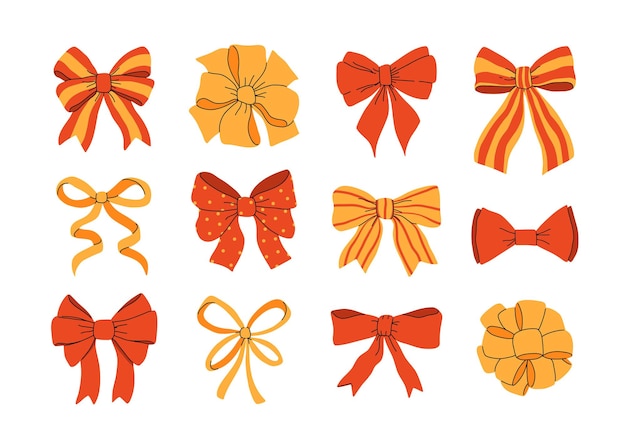 Arcos de Navidad rojos Arcos de seda dibujados a mano para vacaciones Cajas de regalos de cumpleaños Decoración de cinta roja Conjunto de ilustraciones vectoriales planas Colección de arcos de dibujos animados