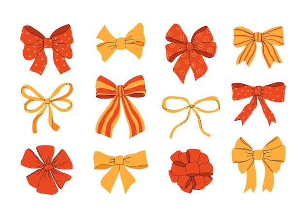 Arcos de Navidad rojos Arcos de seda dibujados a mano para vacaciones Cajas de regalos de cumpleaños Decoración de cinta roja Conjunto de ilustraciones vectoriales planas Colección de arcos de dibujos animados