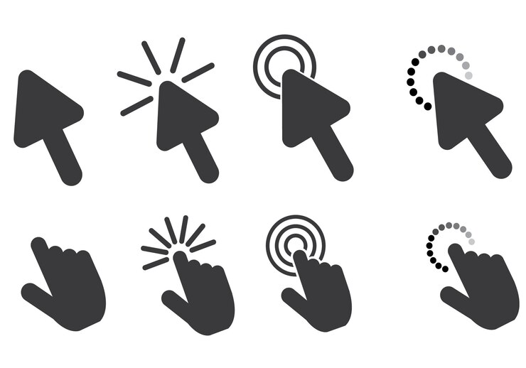 Vector arcos o cursores de mano herramientas de iconos conjunto de iconos del puntero del ratón cursor de flecha ilustración vectorial
