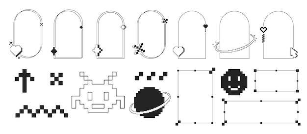 Arcos retro futuristas aislados sobre un fondo blanco con corazones, estrellas y flechas