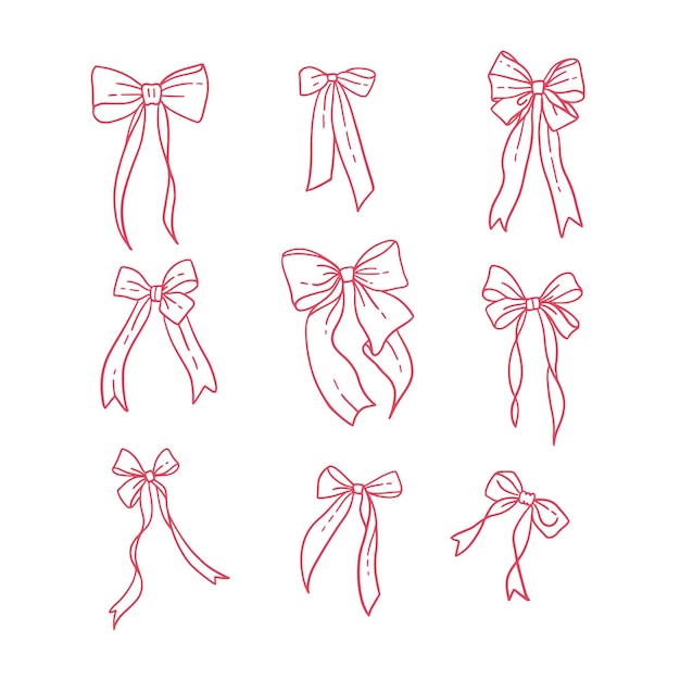 Arcos rosados para chicas bonitos, cintas de regalo con nudos elegantes, accesorios de trenzas para trenzas de cabello dibujados a mano.