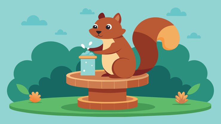 Vector una ardilla agradecida come una nuez mientras se encuentra cómodamente en el borde de una fuente de madera para mascotas