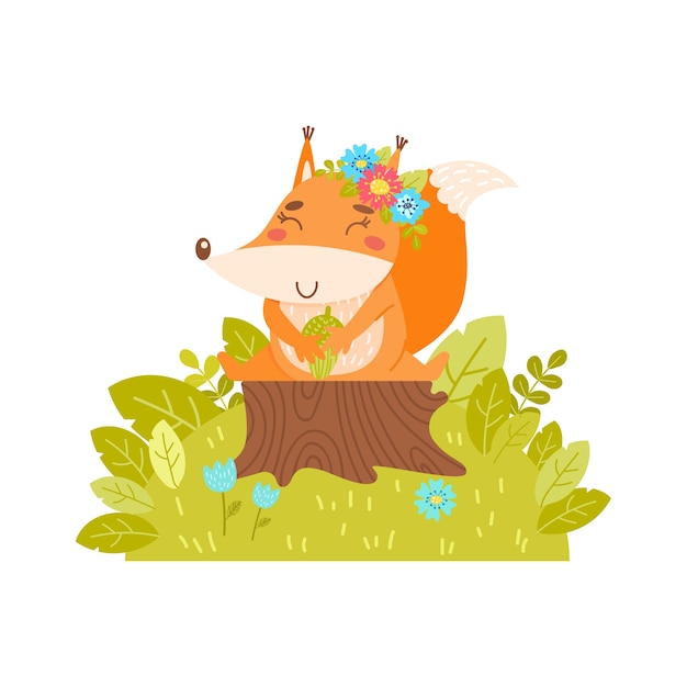 Una ardilla alegre con una corona de flores se sienta en el tocón de un árbol. Ilustración simple sobre un fondo aislado.