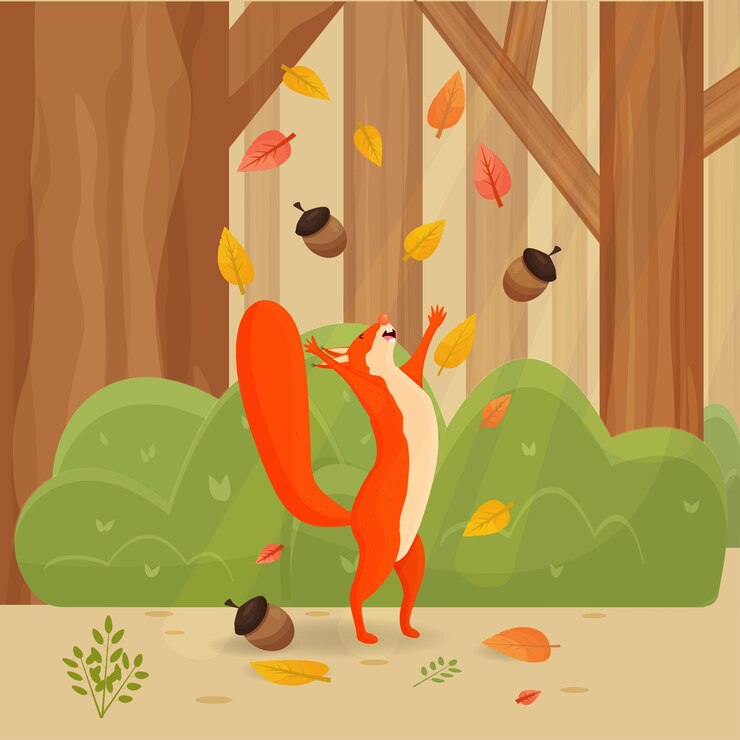 Vector ardilla cómica de dibujos animados feliz con hojas de otoño en el paisaje del bosque