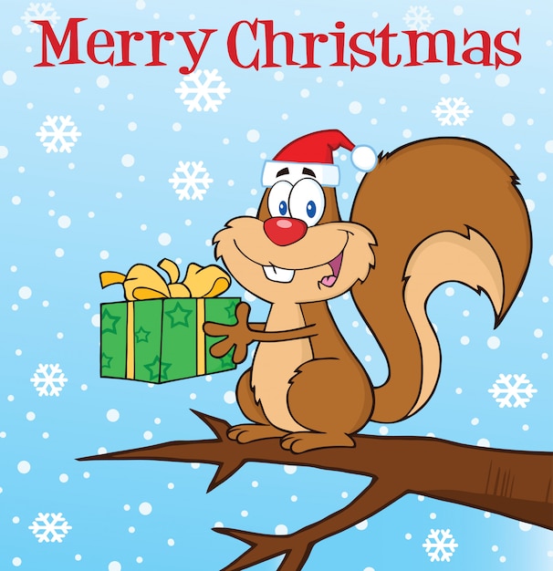 Ardilla feliz con el sombrero de Papá Noel que sostiene un regalo bajo texto de la Feliz Navidad.