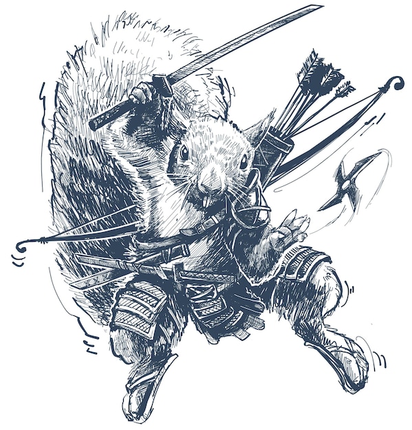 Ardilla guerrera ninja de dibujos animados con arco y flechas sosteniendo la espada samurai y lanzando shuriken. vector sobre fondo blanco.