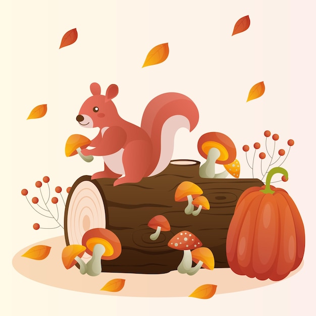 Ardilla linda con fondo de ilustración de otoño