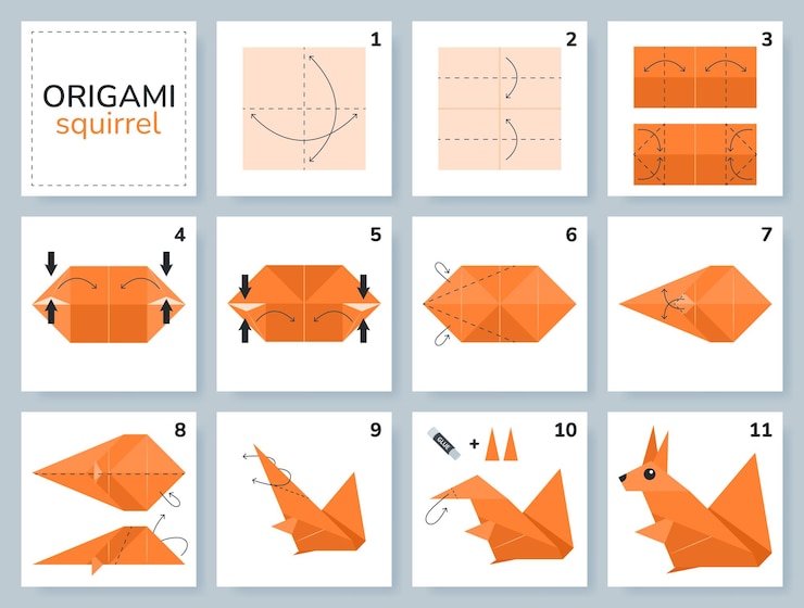 Vector ardilla origami esquema tutorial modelo en movimiento origami para niños paso a paso