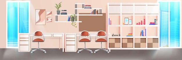 área de coworking moderno interior de la oficina vacío sin personas espacio abierto sala de gabinete con muebles ilustración vectorial horizontal