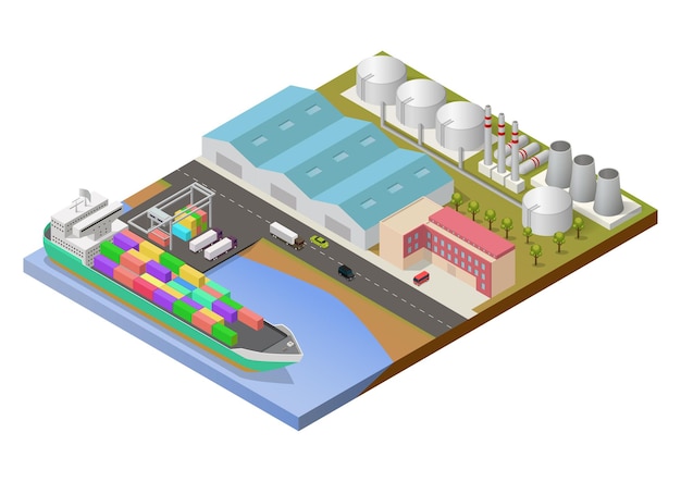 Área industrial isométrica con puerto y buque de carga.