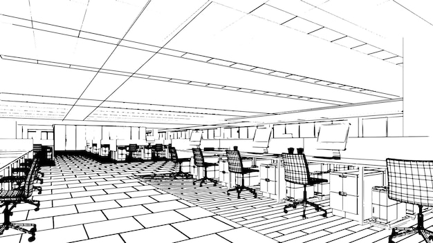 área de oficina enorme área de oficina para el trabajo de documentos dibujos de línea de renderización 3D