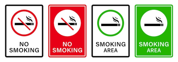Área prohibida para fumadores y símbolo de señal de área de fumadores Área de fumadores y zona de no fumadores diseño de plantilla rojo y verde Símbolo de señales prohibidas Ícono de señal de prohibición Ilustración vectorial