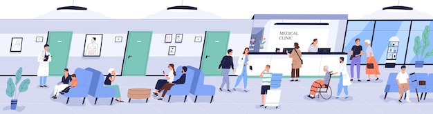 Área de recepción del centro médico u hospital con personas o pacientes que esperan una cita con el médico. Hombres, mujeres y niños en el consultorio médico o clínica. Ilustración de vector de dibujos animados plana.