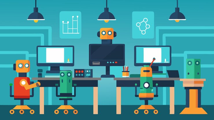 Vector un área de robótica con mesas y computadoras configuradas para programar y probar robots