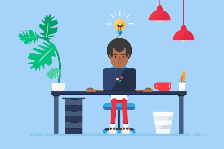 Vector área de trabajo del desarrollador, programador, administrador de sistemas o diseñador afroamericano de trabajo profesional con escritorio, silla, cuaderno.