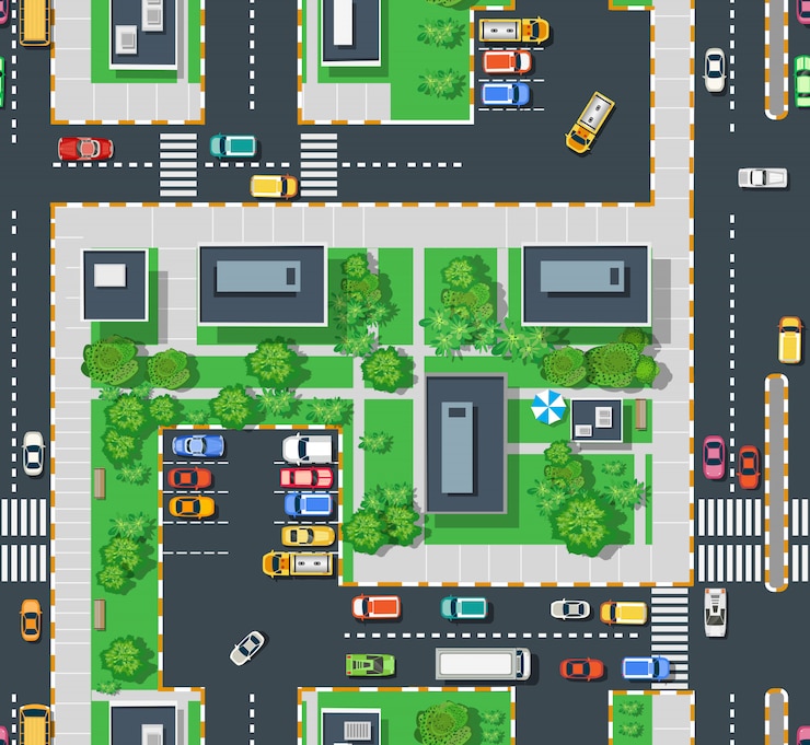 Vector área de vista superior urbana con césped de árboles de construcción