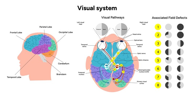Vector áreas de anatomía cerebral partes funciones sección colorida diagrama infográfico y sistema visual