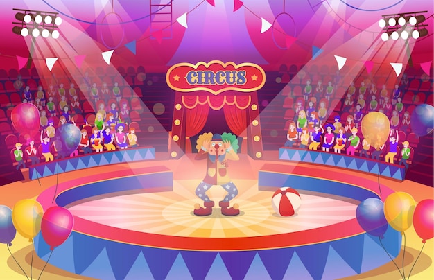 Arena de circo con un escenario redondo para el espectáculo con payaso