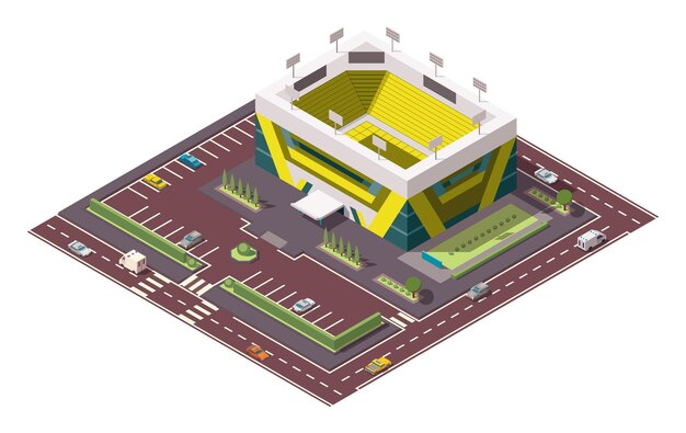 Arena deportiva isométrica. Lugar para las mayores competiciones deportivas. Icono de vector o elemento infográfico que representa el estadio de fútbol, baloncesto o hockey con coches y autobuses en la calle.
