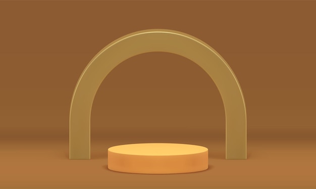 Arena de premios de escenario en cilindro 3D con arco curvo dorado fondo de estudio beige vector realista