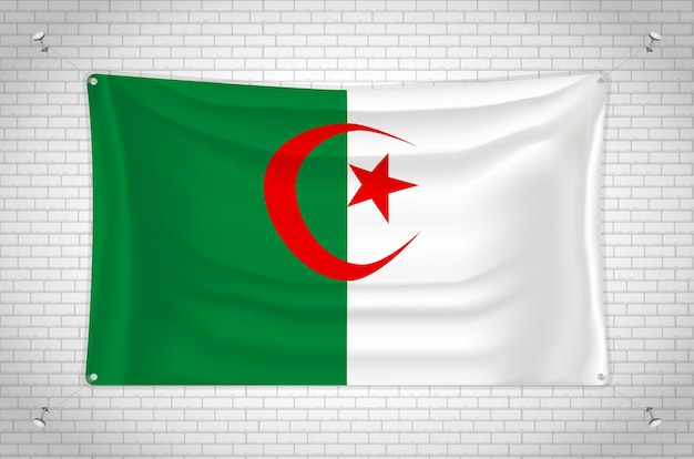Argelia bandera colgada en la pared de ladrillo. dibujo en 3D Bandera pegada a la pared. Dibujar cuidadosamente en grupos