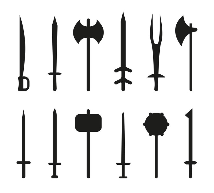 Vector arma antigua silueta negra conjunto plano espada muestra medieval hacha de guerra y colección de mazas hacha de mango largo diseño militar antiguo hoja afilada antigua signo simple antiguo