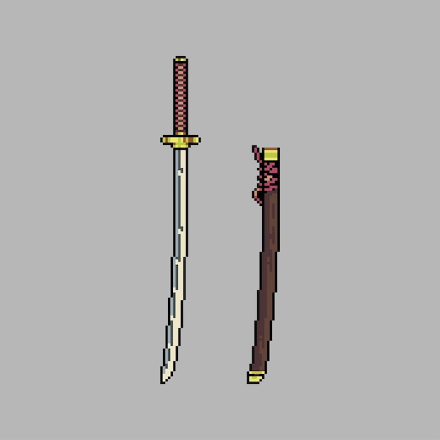 Arma de espada Katana de color estilo pixel art completamente editada aislada en un fondo blanco para juegos