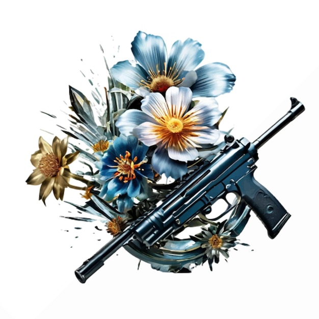 Arma con flor azulada que simboliza el concepto de guerra y paz arte vectorial aislado en blanco