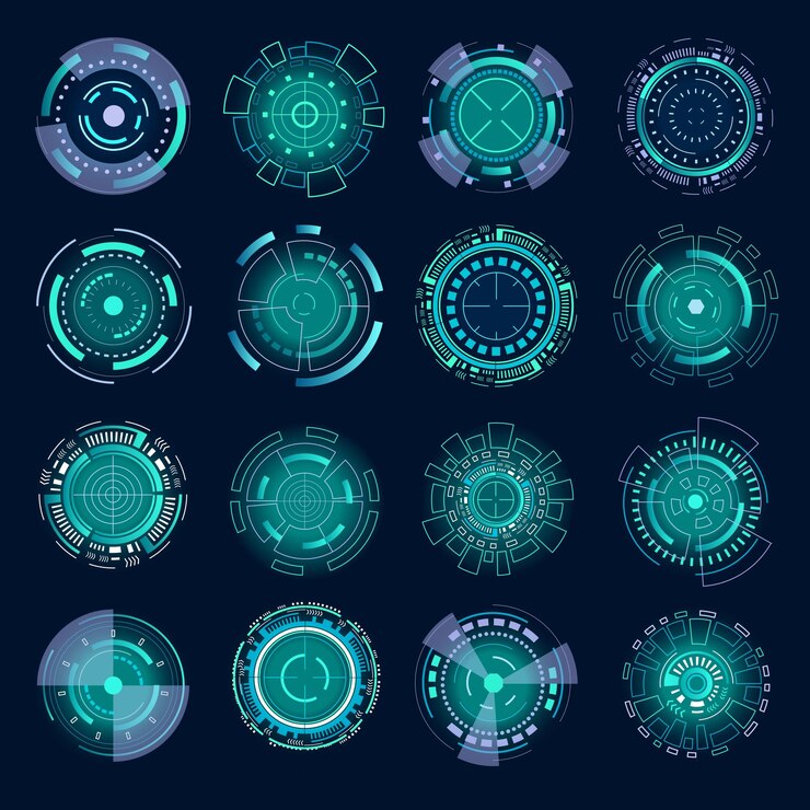 Vector arma militar precisión de la mira hud elementos futuristas círculo futurista enfoque del objetivo símbolos de radar del futuro de neón formas digitales circulares tiro de francotirador tiro de rifle conjunto de logotipo vectorial