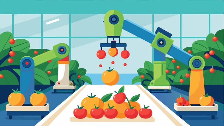 Vector armamentos robóticos automatizados en un invernadero que recogen y clasifican frutas y verduras en función de su riss