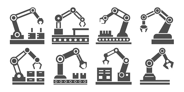 Armamentos robóticos en manufactura y automatización Iconos de fábrica Armamento robótico para mover y levantar objetos