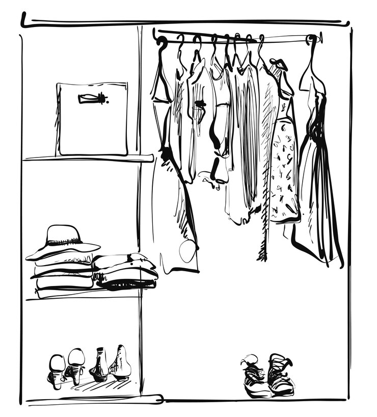 Armario abierto con ropa y pies en estantes y perchas Ilustración vectorial de un estilo de boceto