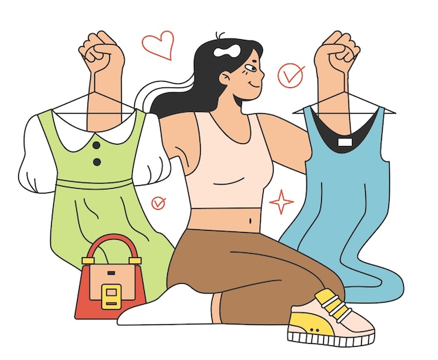 Armario desarrollando personaje elegir o coleccionar conjuntos de ropa haciendo combinación de moda