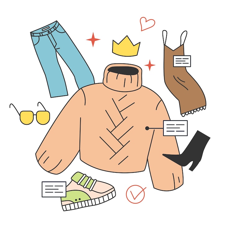 Vector armario desarrollando personaje elegir o coleccionar conjuntos de ropa haciendo combinación de moda