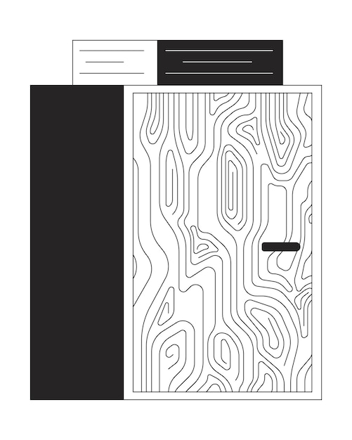 Armario de madera con pila de papel objeto de dibujos animados en línea 2D en blanco y negro