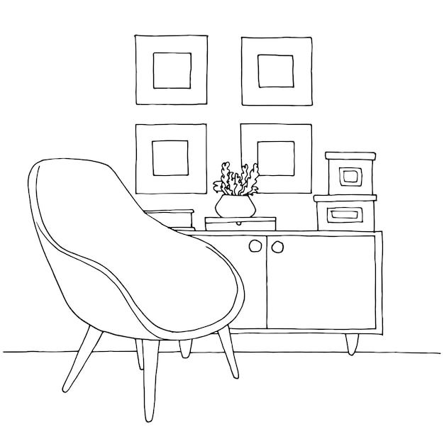 Armario de sillón con un jarrón Ilustración vectorial dibujada a mano de un estilo de boceto