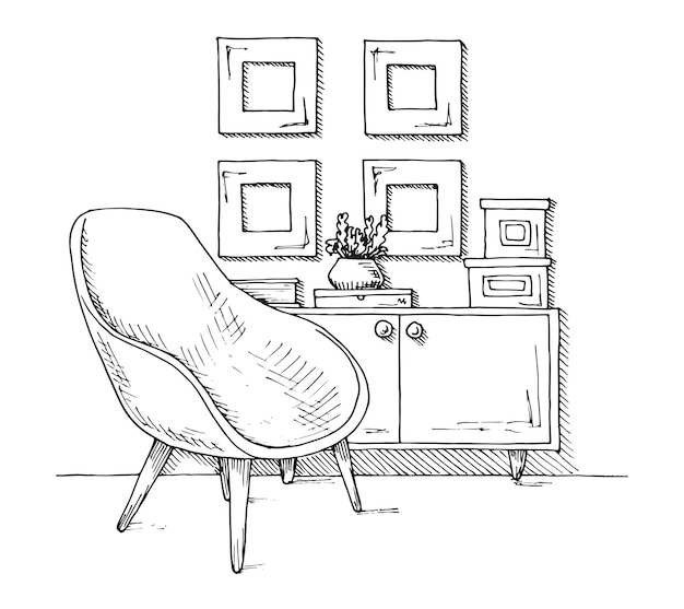 Armario de sillón con un jarrón Ilustración vectorial dibujada a mano de un estilo de boceto
